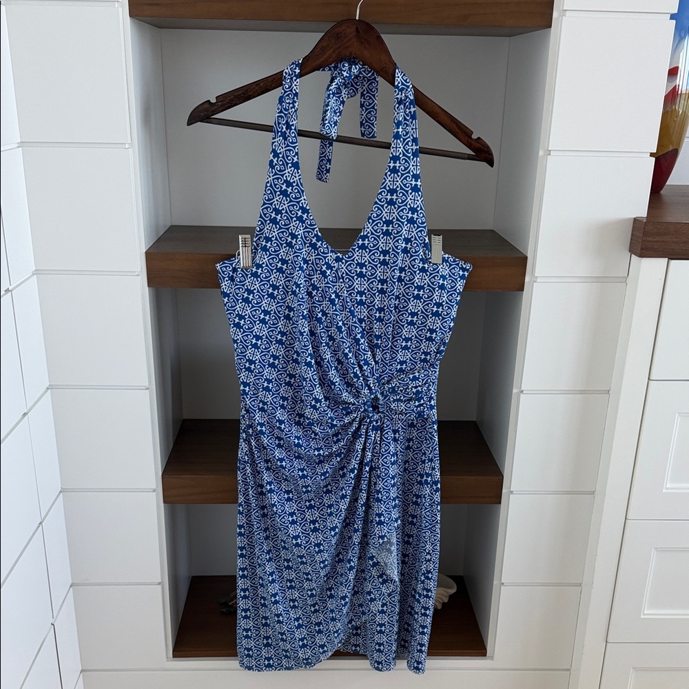 Tommy Bahama Blue & White Halter Backless Knot-Front Dress
